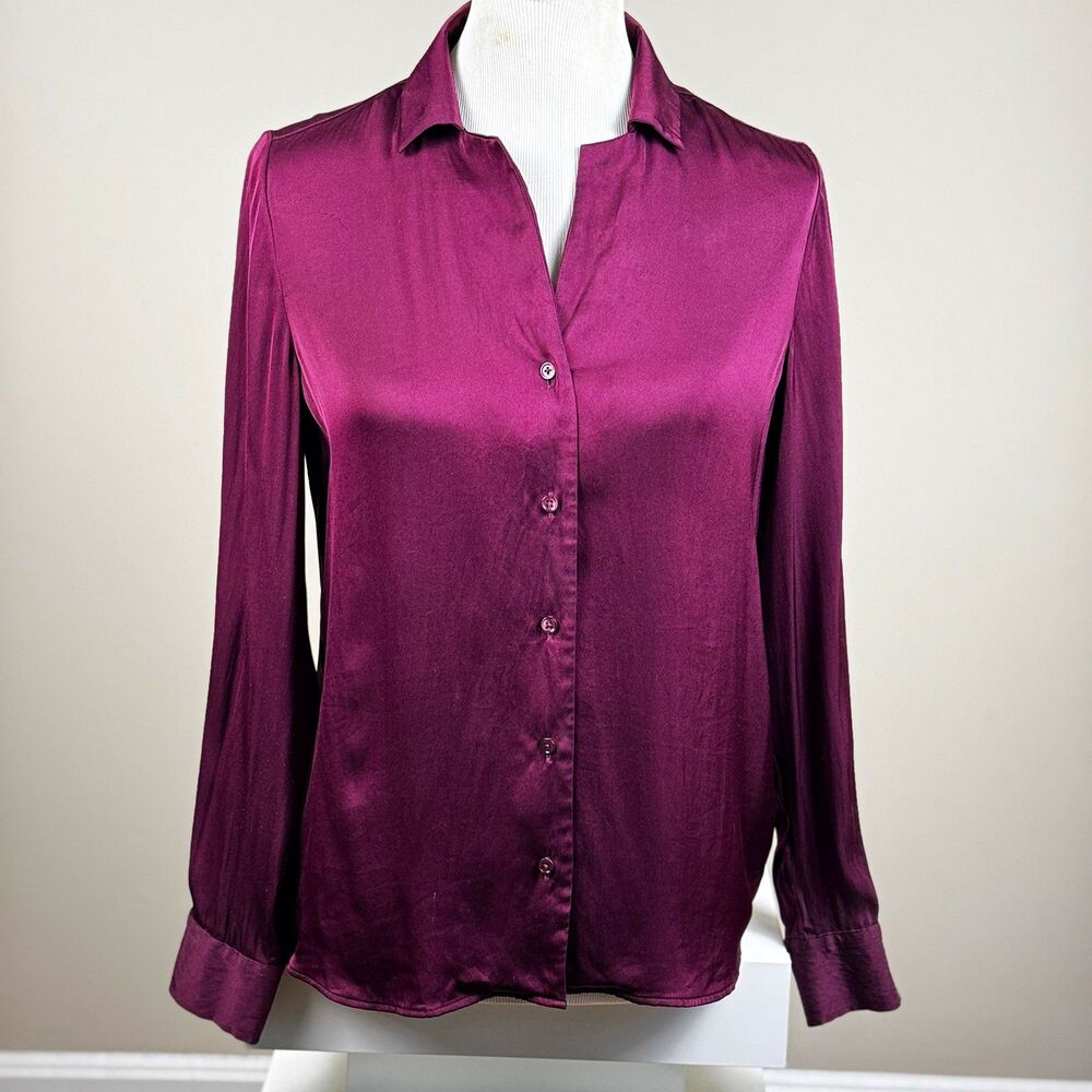 Quince 100% Washable Stretch Silk V-Neck Notch Collar Blouse Plum Burgundy Small